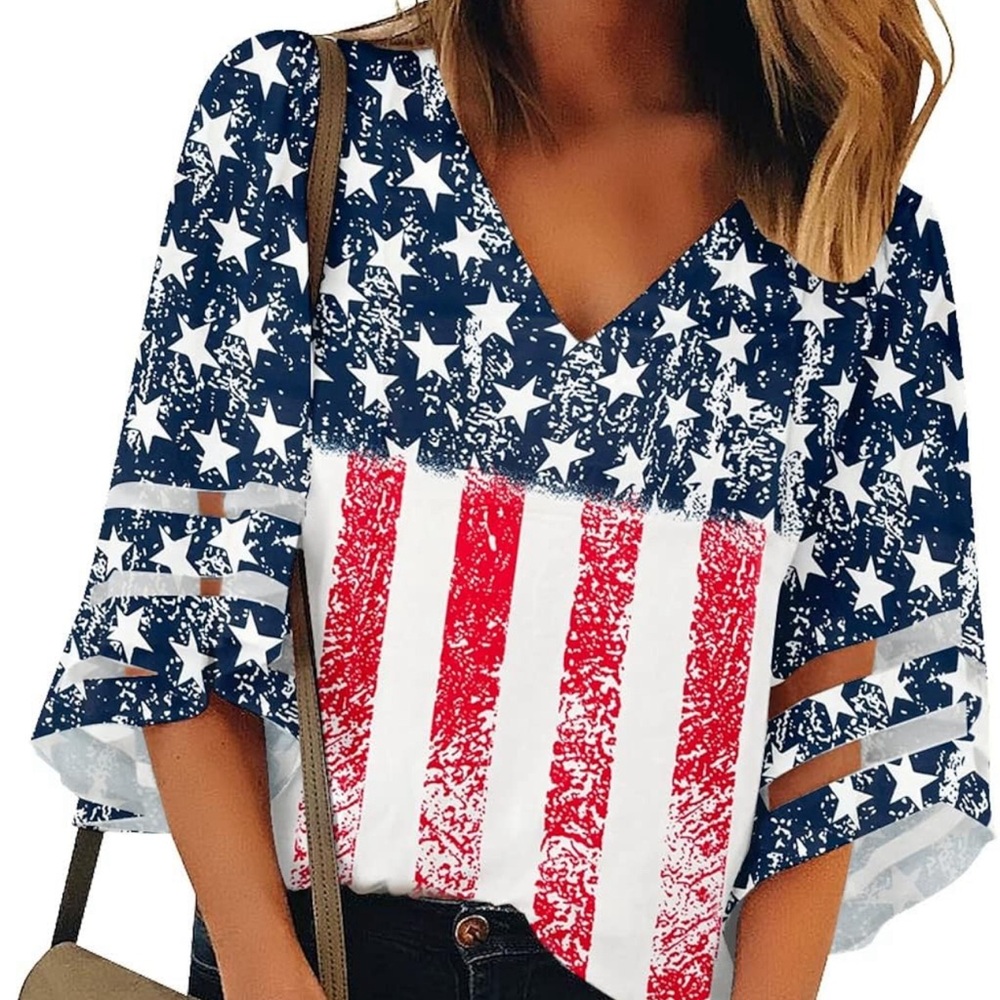 Dressy Tops for Women V Neck Mesh Panel 3/4 Bell Sleeve Loose Blouse Top
